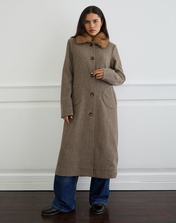Motel Rocks Norciel Longline Coat In Check Brown With Fur Collar