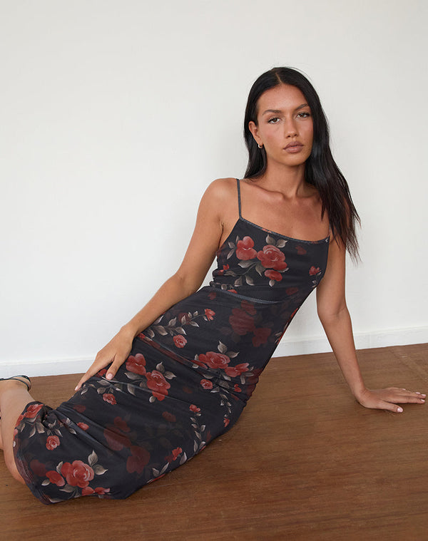 Motel Rocks Nori Midi Dress In Watercolour Rose Black
