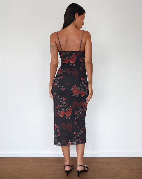 Motel Rocks Nori Midi Dress In Watercolour Rose Black