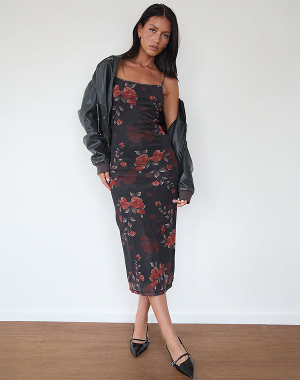 motel rocks Nori Midi Dress in Watercolour Rose Black