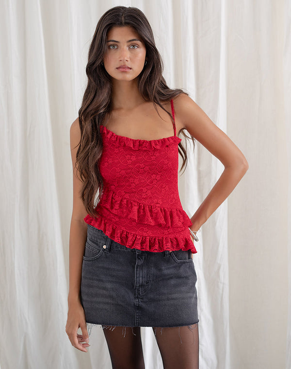 Motel Rocks Octavia Asymmetric Cami Top In Lace Red
