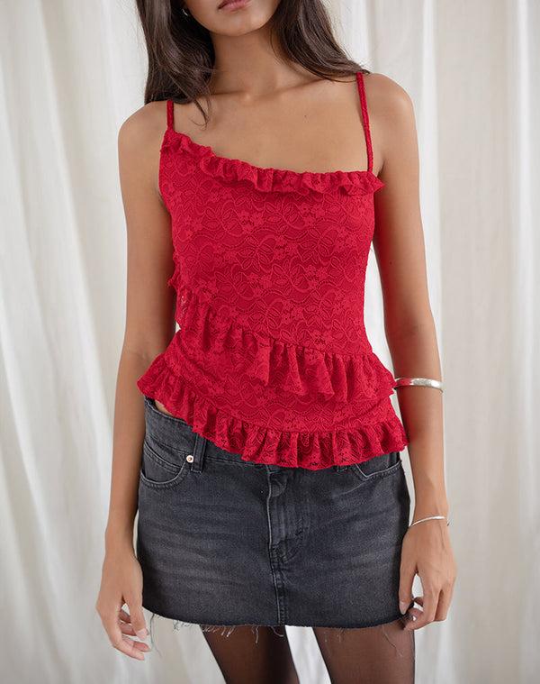motel rocks Octavia Asymmetric Cami Top in Lace Red