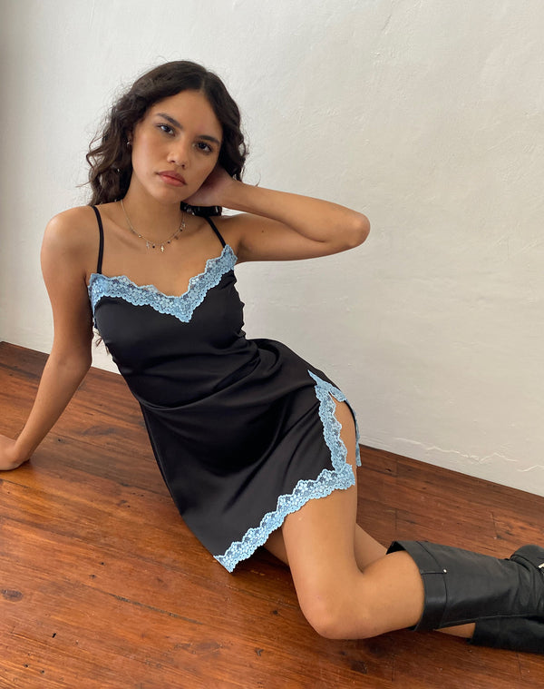 Motel Rocks Oming Slip Mini Dress In Black With Blue Lace
