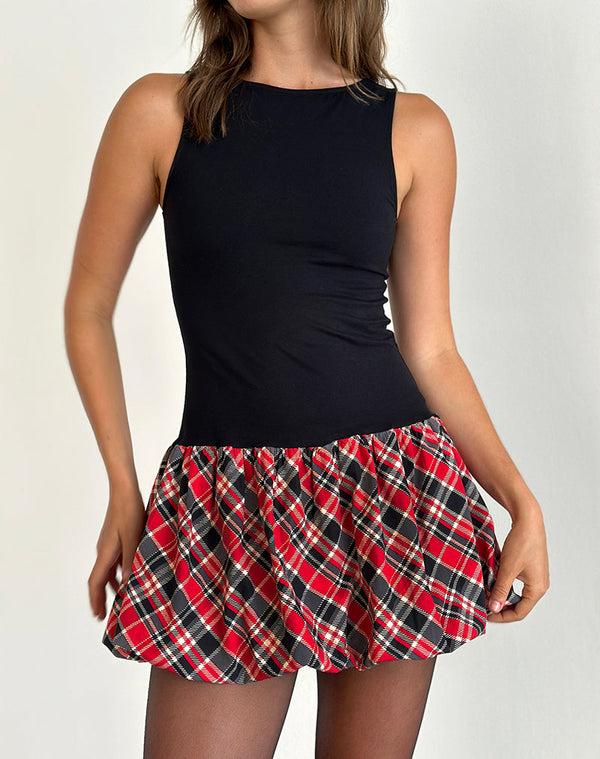 motel rocks Ortega Mini Dress in Black with Diagonal Check Red