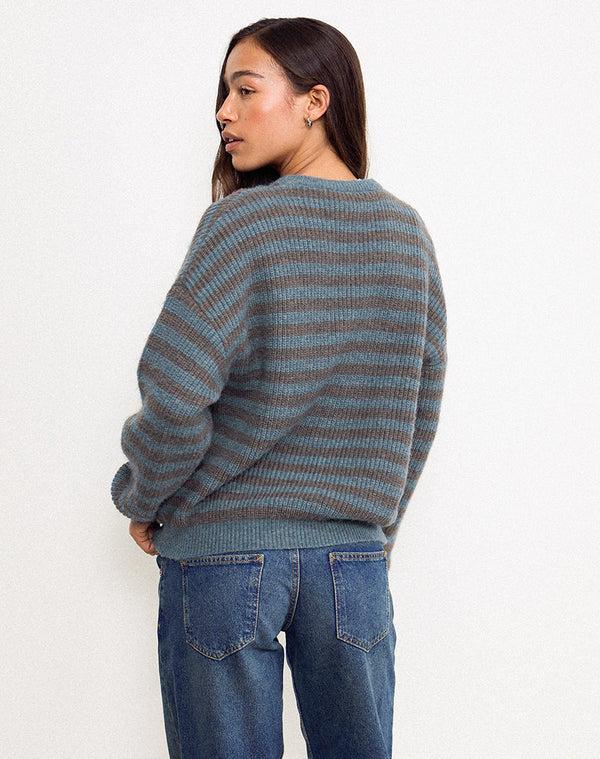 Motel Rocks Orvala Knit Jumper In Slate And Brown Stripe