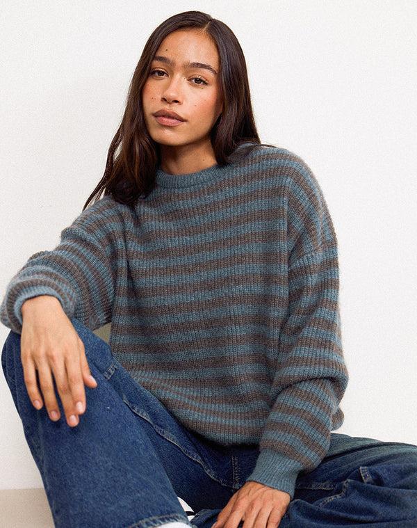 motel rocks Orvala Knit Jumper in Slate and Brown Stripe