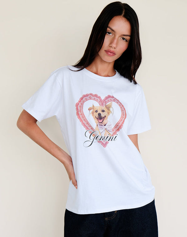 Motel Rocks Oversize Basic Tee In White With Gemini Motel Pet Print