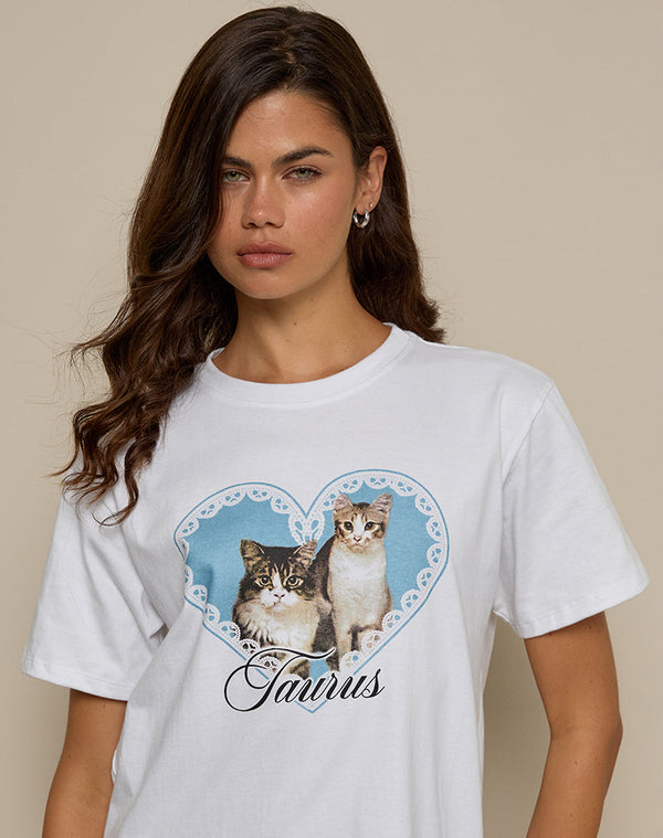 Motel Rocks Oversize Basic Tee In White With Taurus Motel Pet Print