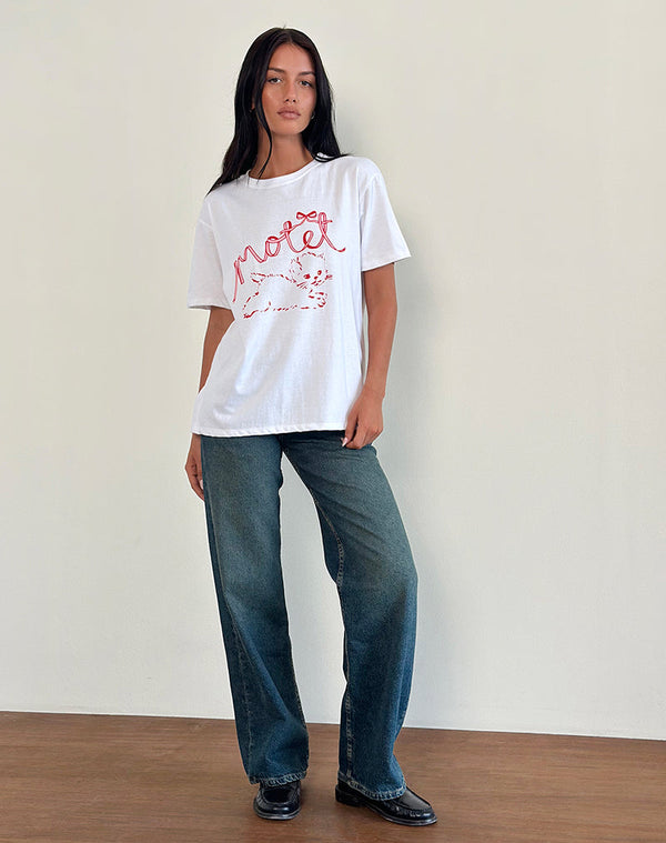 Motel Rocks Oversized Basic Tee In White With Kitty