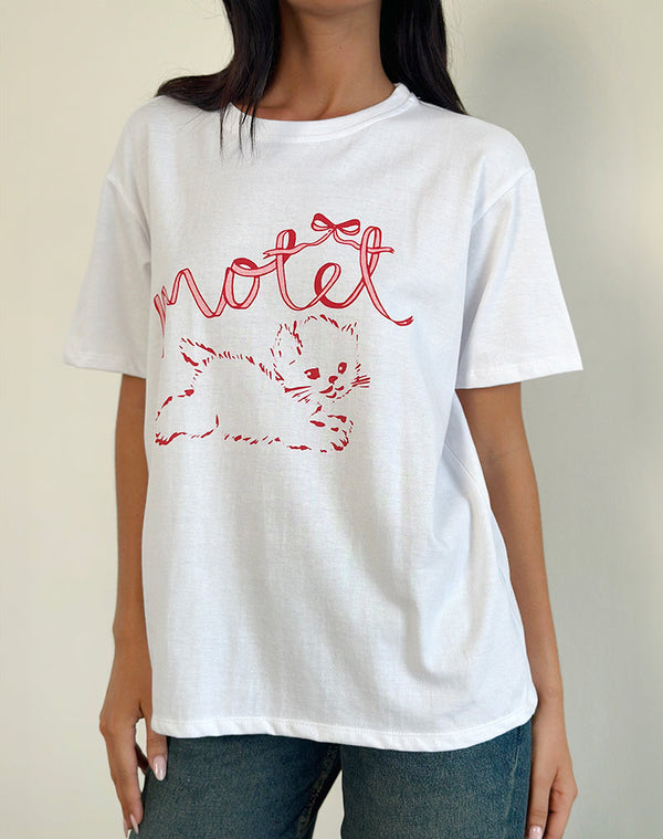 motel rocks Oversized Basic Tee in White with Kitty