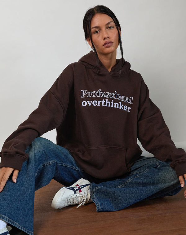 motel rocks Oversized Hoodie in Bitter Chocolate with Overthinker Print