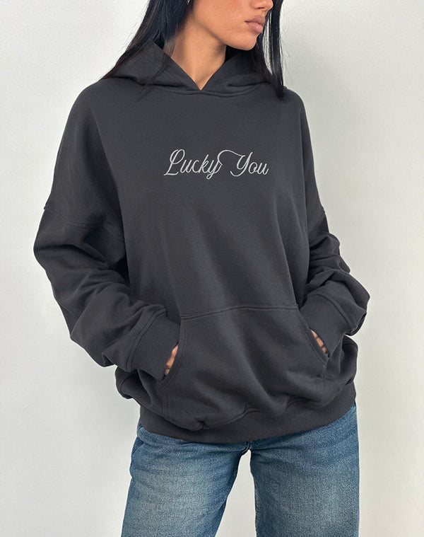motel rocks Oversized Hoodie in Ocean Storm with Lucky You Graphic