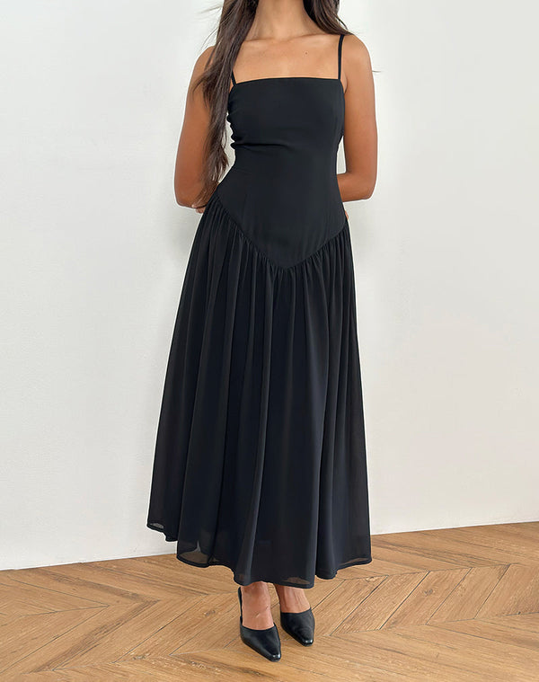 Motel Rocks Paduri Drop Waist Midi Dress In Chiffon Black