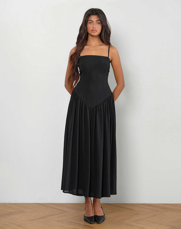 motel rocks Paduri Drop Waist Midi Dress in Chiffon Black
