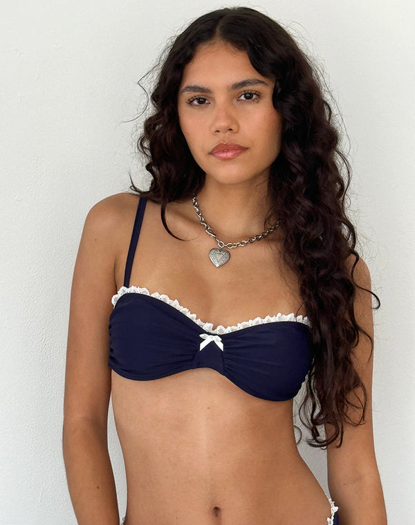 Motel Rocks Pali Bikini Top In Midnight Blue With Broderie Trim