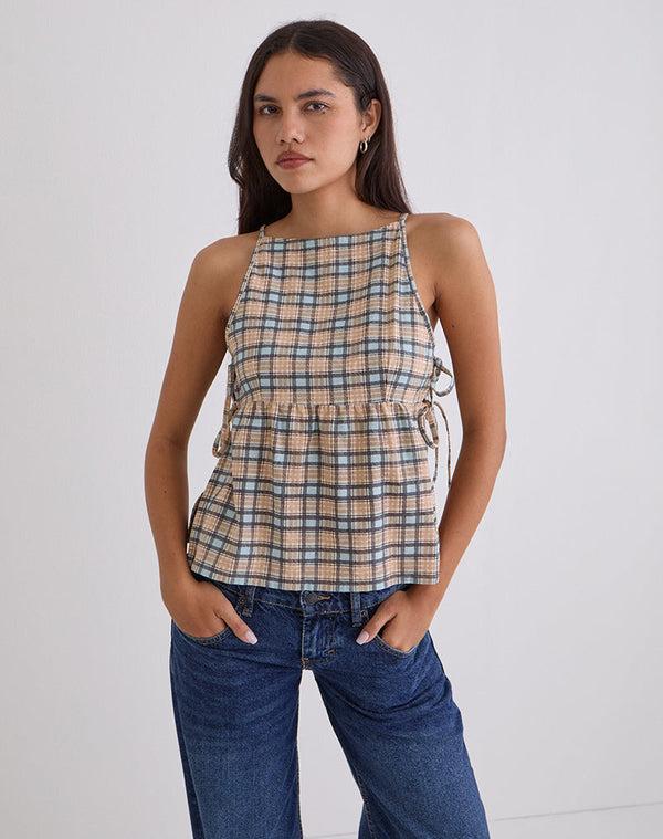 Motel Rocks Palsi Loose Sleeveless Top In Pastel Blue Tartan