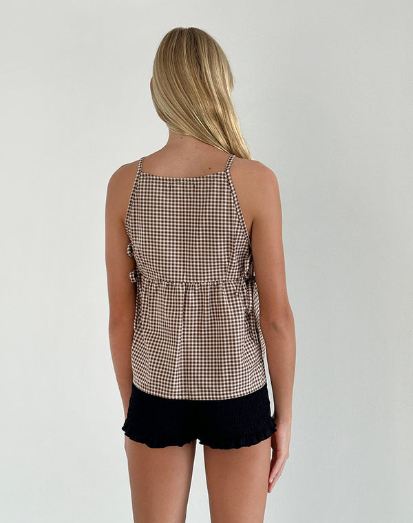 Motel Rocks Palsi Tie Side Sleeveless Top In Brown Mini Gingham