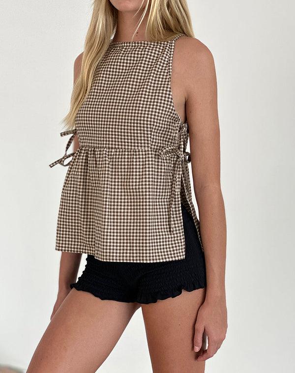 motel rocks Palsi Tie Side Sleeveless Top in Brown Mini Gingham