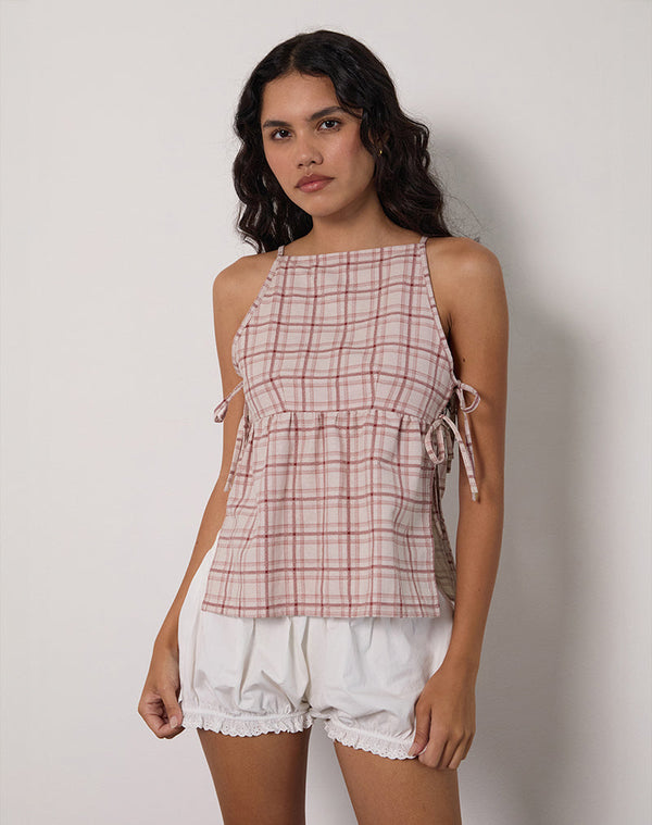Motel Rocks Palsi Tie Side Top In Basic Tartan Pink