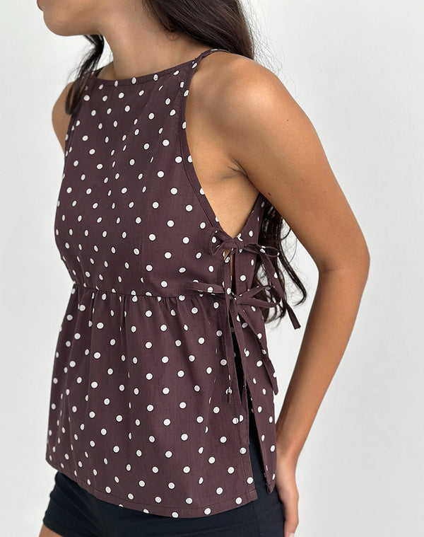 Motel Rocks Palsi Tie Side Top In Brown With Medium Polka White