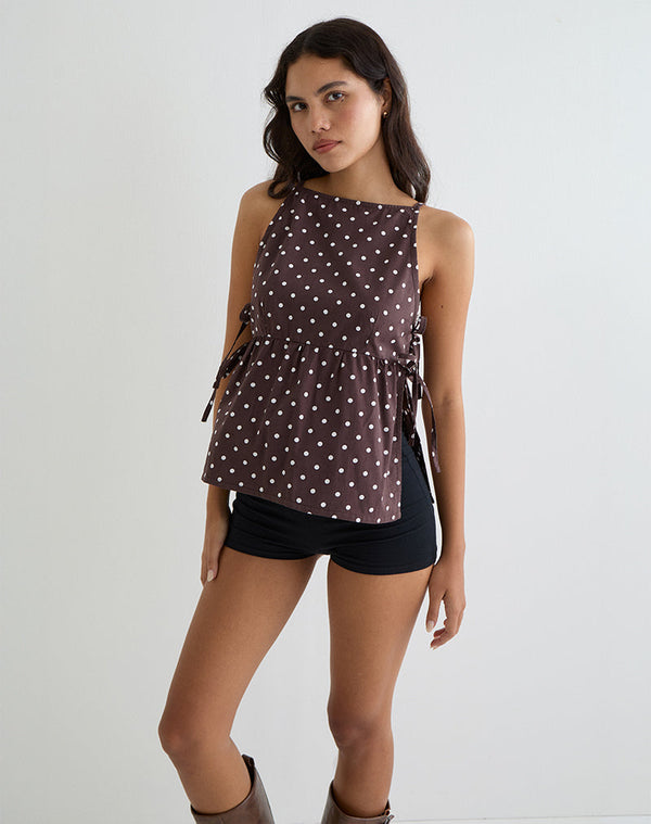 motel rocks Palsi Tie Side Top in Brown with Medium Polka White