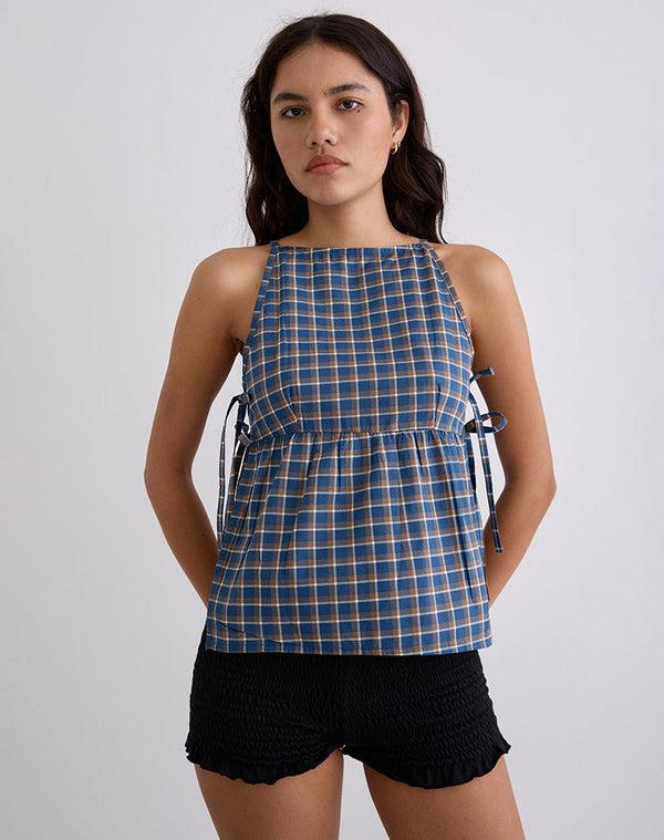 Motel Rocks Palsi Tie Side Top In Medium Tartan Blue