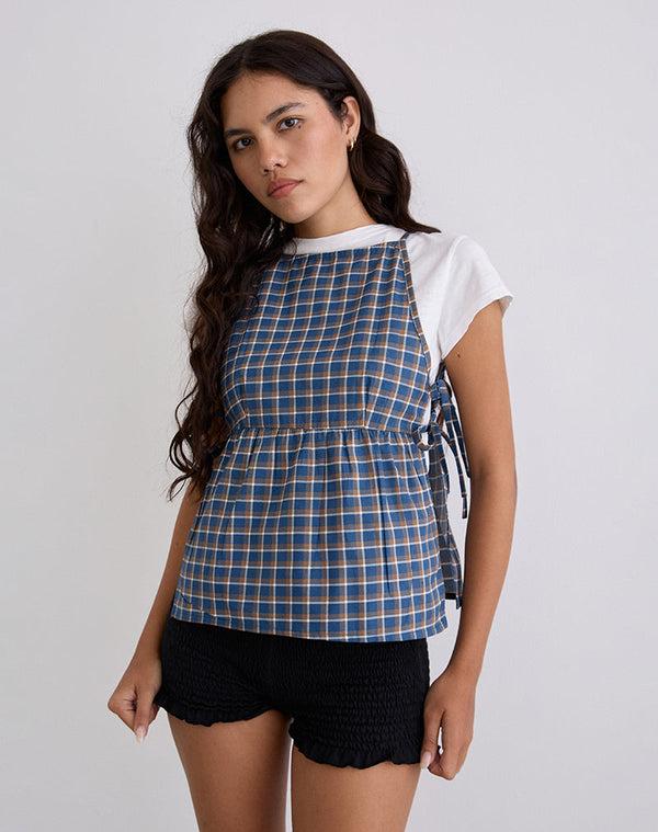 motel rocks Palsi Tie Side Top in Medium Tartan Blue