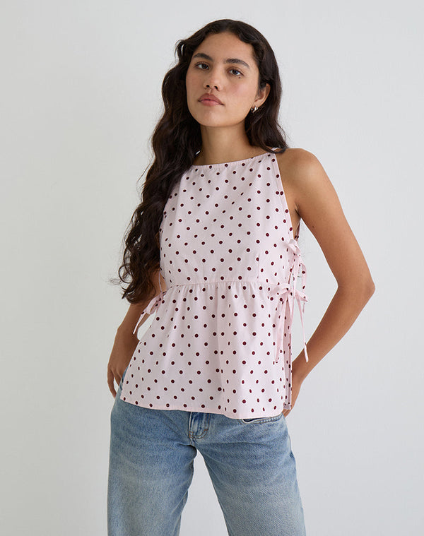 Motel Rocks Palsi Tie Side Top In Pink With Medium Polka Red