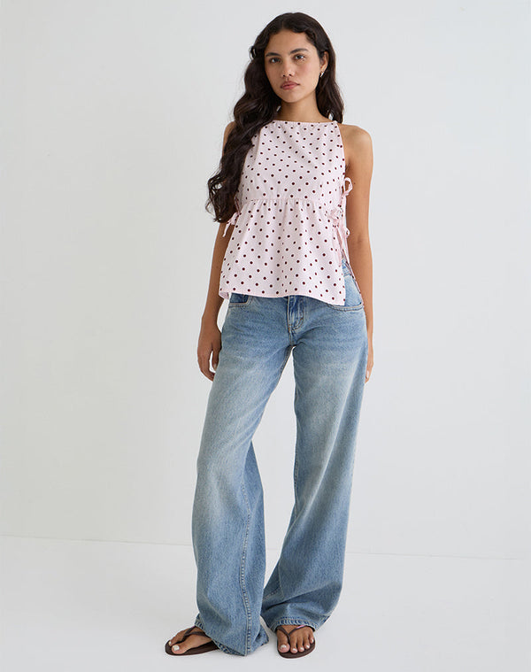 Motel Rocks Palsi Tie Side Top In Pink With Medium Polka Red