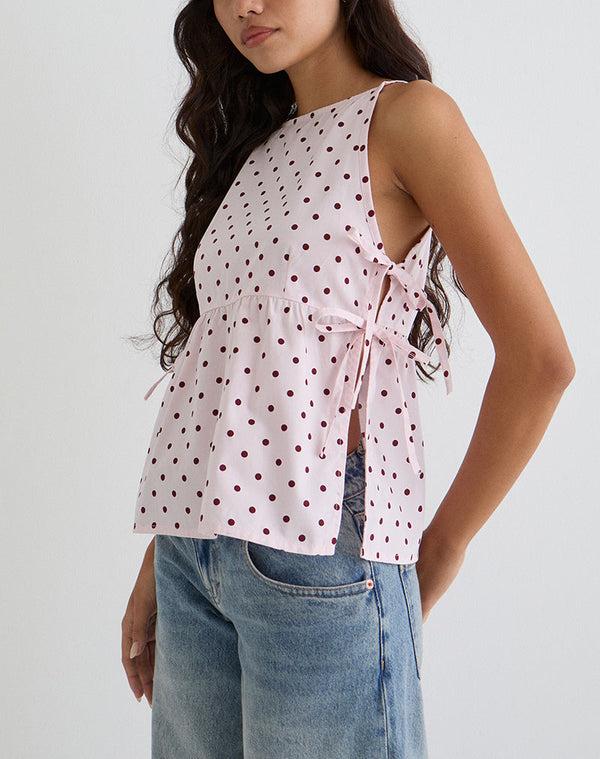 motel rocks Palsi Tie Side Top in Pink with Medium Polka Red