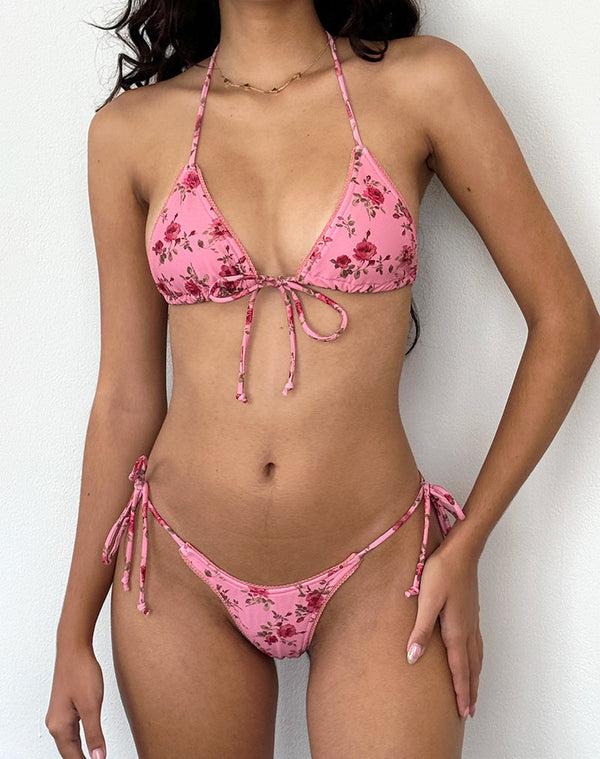Motel Rocks Pamita Bikini Top In Pink Floral Bloom With Picot Trim