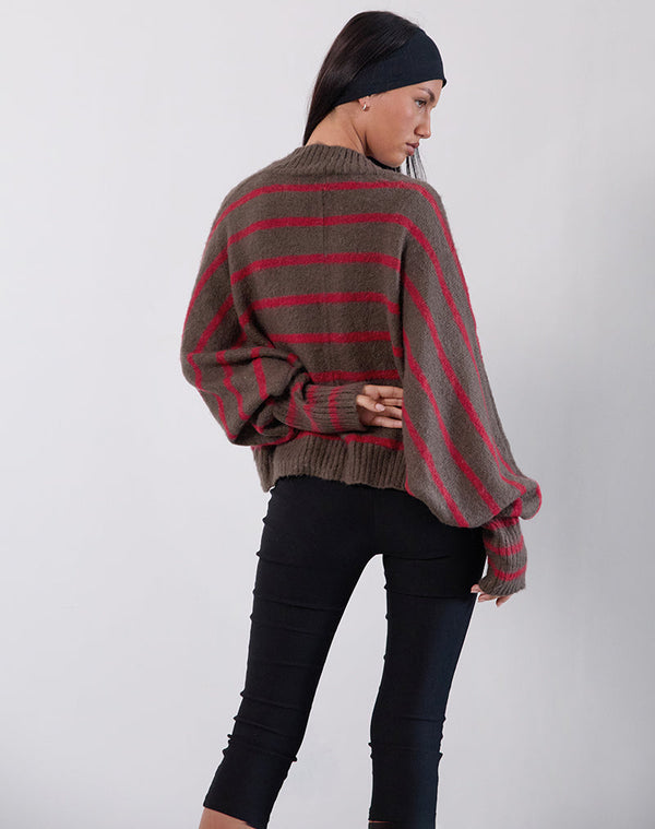 Motel Rocks Pasha Shrug Cardigan In Red And Brown Stripe
