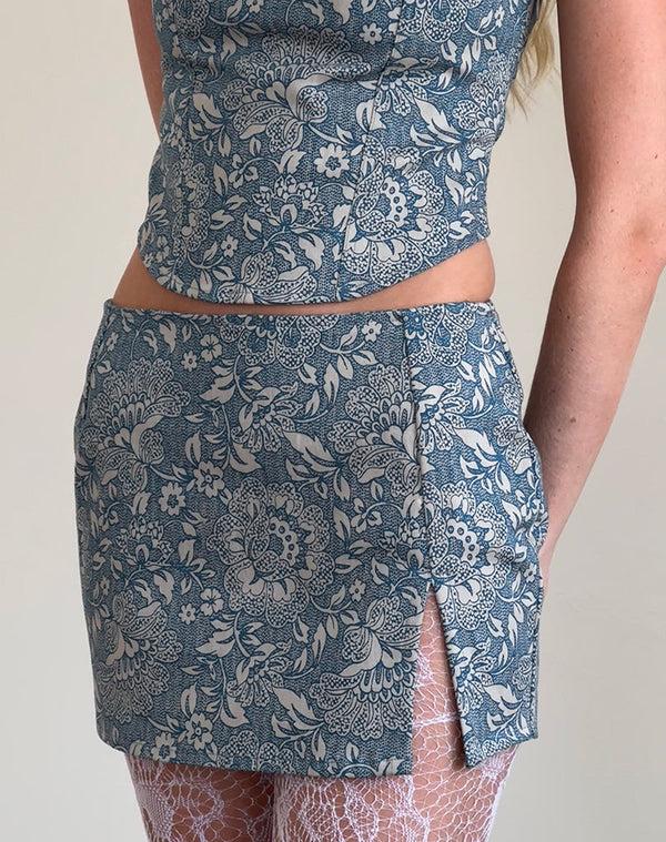 Motel Rocks Pravara Mini Skirt In Blue Ornate Print