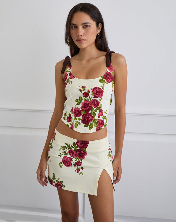 Motel Rocks Pravara Mini Skirt In Bouquet Roses Cream