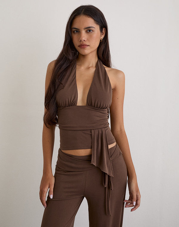 Motel Rocks Prilla Halterneck Top In Cupro Dark Brown