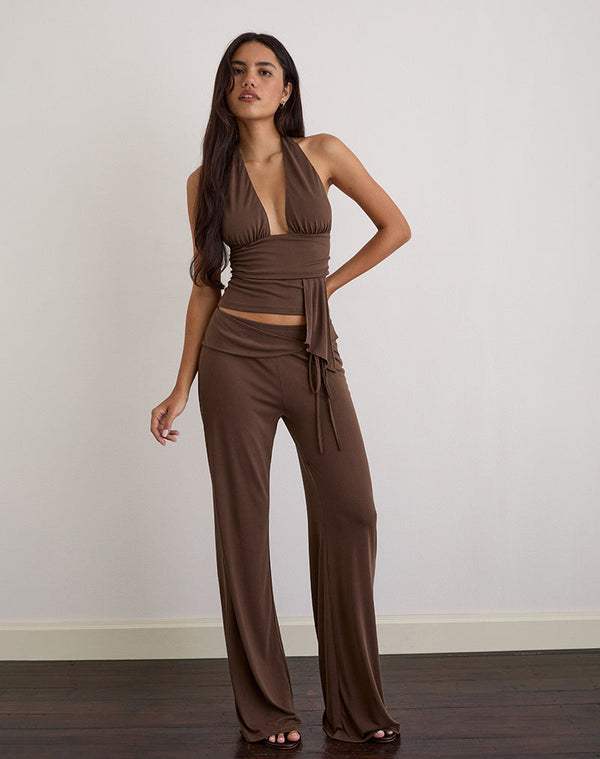 motel rocks Prilla Halterneck Top in Cupro Dark Brown