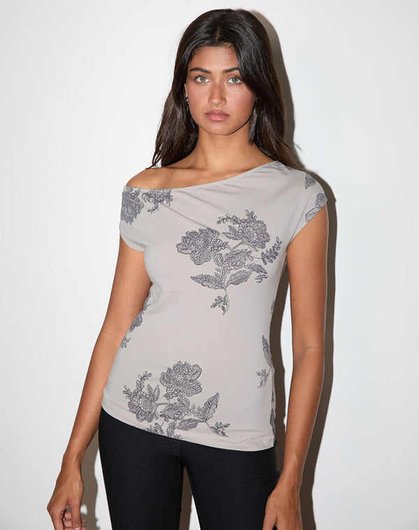 motel rocks Pyso Asymmetric Top in Lace Flower Grey