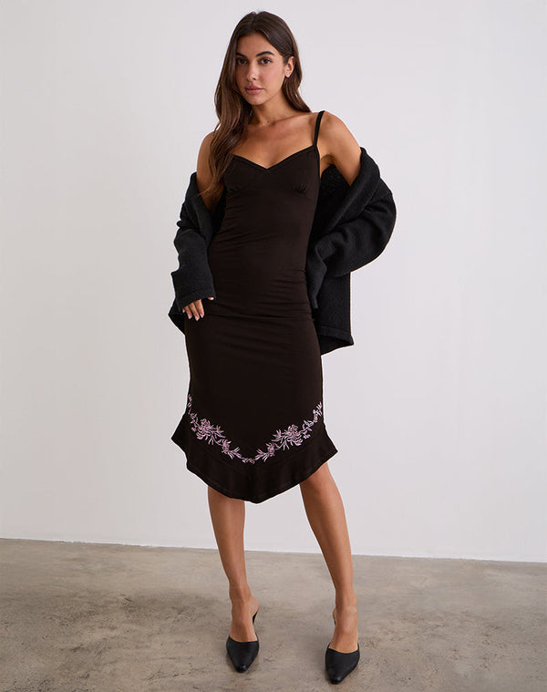 Motel Rocks Quelin Midi Dress In Chocolate Brown With Rose Embroidery