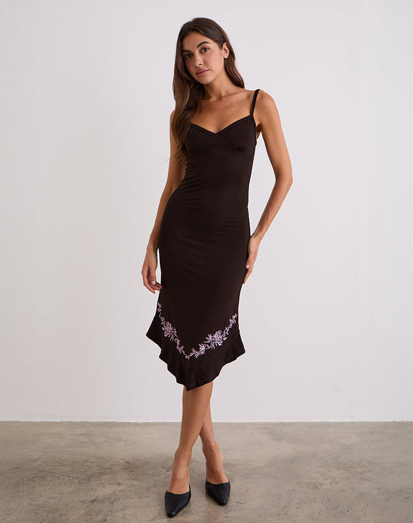 motel rocks Quelin Midi Dress in Chocolate Brown with Rose Embroidery