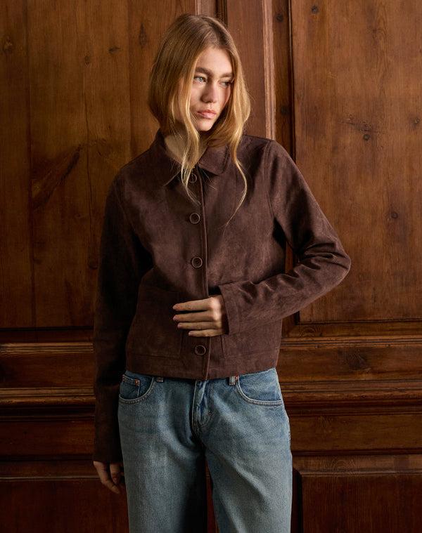 Motel Rocks Quincy Faux Suede Cropped Jacket In Brown