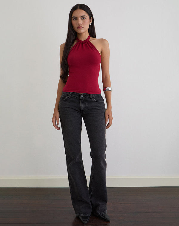 Motel Rocks Raceline Halterneck Top In Rayon Jersey Adrenaline Red