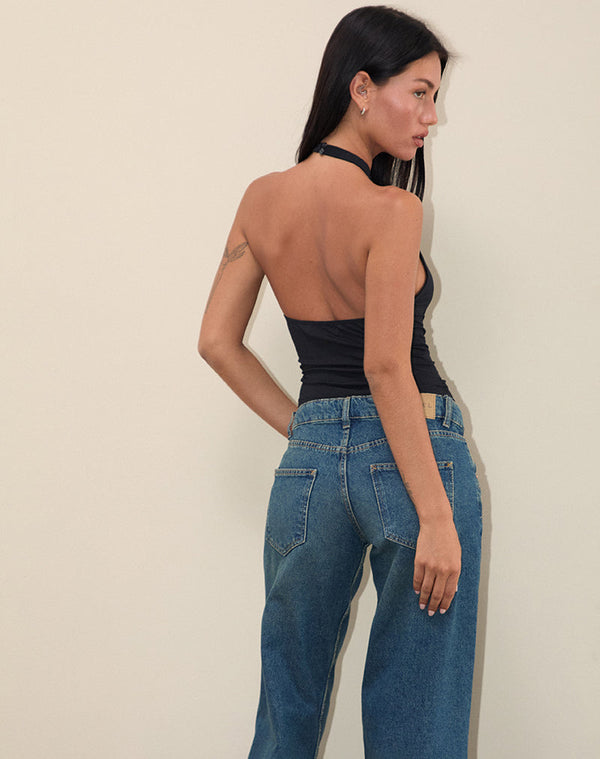 Motel Rocks Raceline Halterneck Top In Rayon Jersey Black