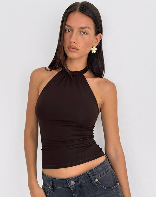 Motel Rocks Raceline Halterneck Top In Rayon Jersey Chocolate Brown