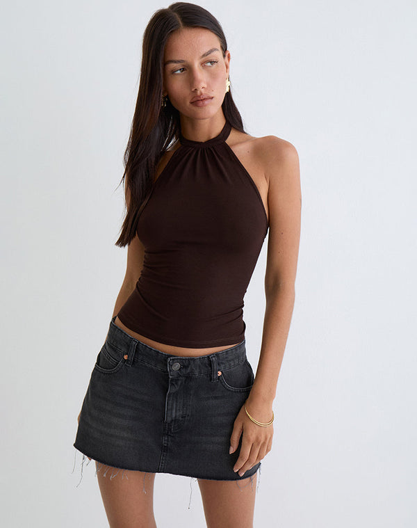 motel rocks Raceline Halterneck Top in Rayon Jersey Chocolate Brown