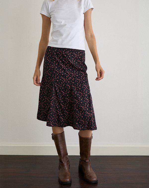 Motel Rocks Rahyu Midi Skirt In Dark Pink Rose Black