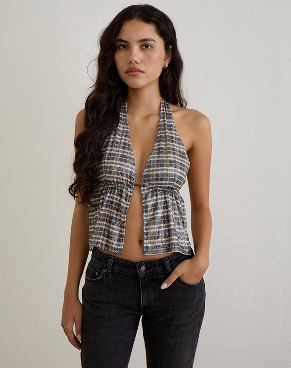 Motel Rocks Ramilo Top In Sequin Vintage Check Brown