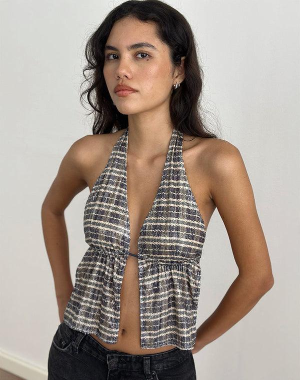 motel rocks Ramilo Top in Sequin Vintage Check Brown