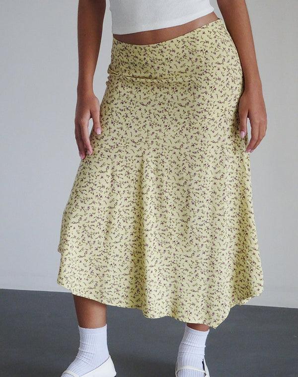 Motel Rocks Rans Waterfall Hem Midi Skirt In Flowing Flower Yellow