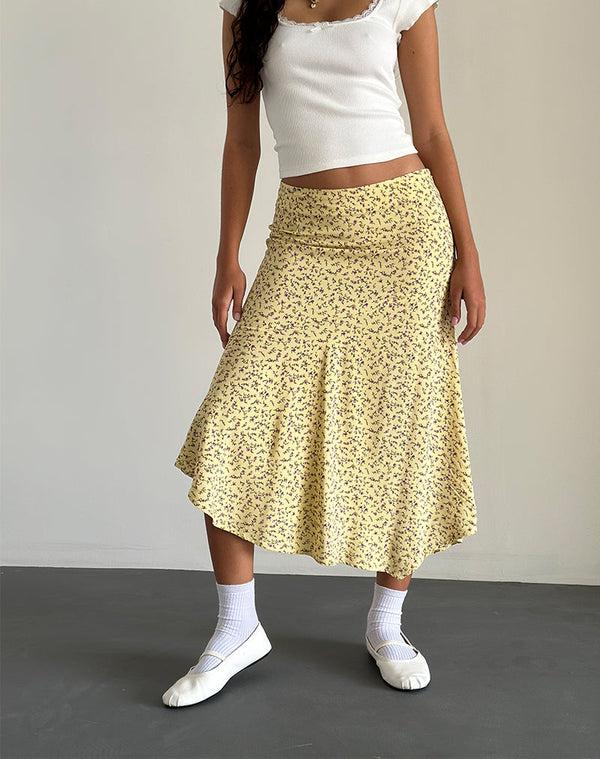 motel rocks Rans Waterfall Hem Midi Skirt in Flowing Flower Yellow