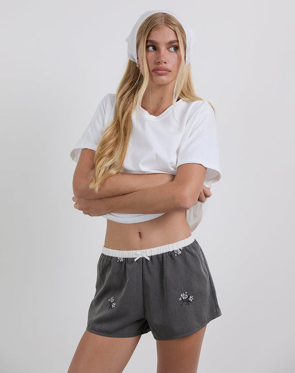 Motel Rocks Rata Shorts In Floral Embroidered Charcoal